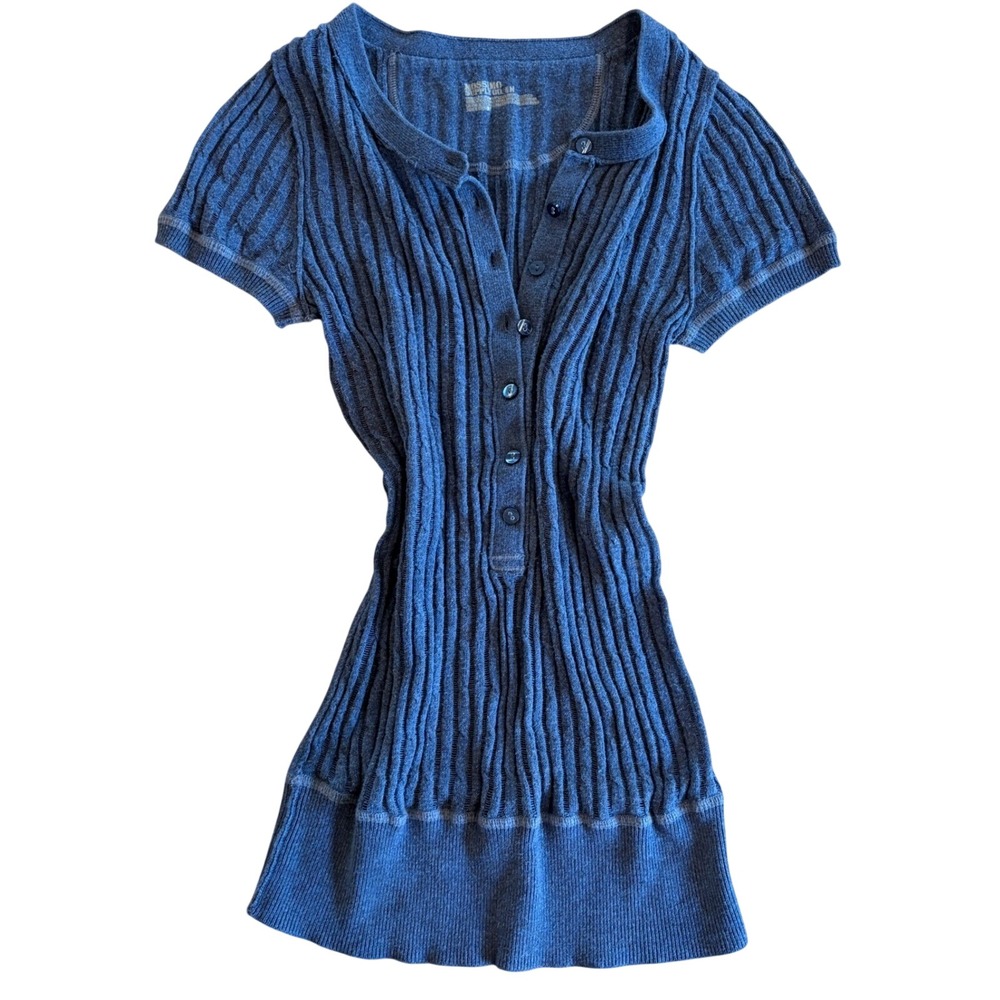 Y2K Mossimo Sheer Ribbed Cap Sleeve Henley M Blue SA Alt Bella Swan Indie Sleaze